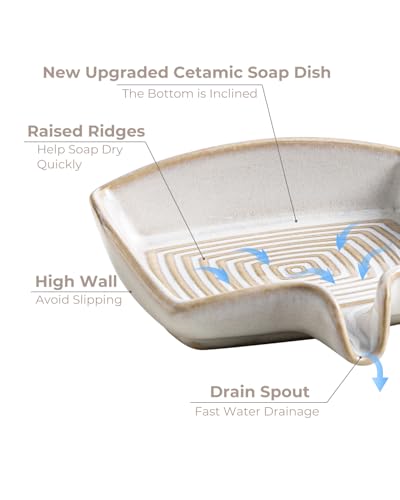 Zoeeker Self Draining Soap Dish, Ceramic Soap Holder with Waterfall Design | Shower Bar Soap Holder with Drainage Soap Saver for Shower, Bathroom, Sink, Kitchen and Countertop, Keep Dry, Beige White - color: Beige White, size: Rectangular