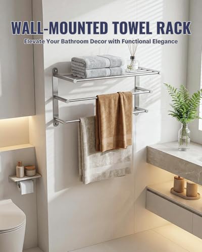 Bathroom Towel Rack Wall Mounted: 24 Inch Brushed Nickel Towel Rack with Double Towel Bar - SUS304 Stainless Steel Bath Towel Holder with Shelf for Hotel Lavatory - color: Brushed Nickel