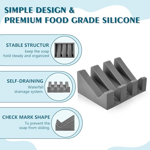 Self Draining Soap Dish Holder,Silicone Soap Dish,for Bathroom,Kitchen, Sponges，Can Extend Soap Life，Keep Soap Bars Dry and Easy Cleaning (Grey,3-Pack) - color: Grey,3-pack