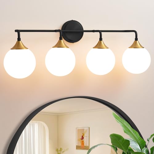 Black Gold Bathroom Light Fixtures Over Mirror Vanity 4-Light | Mid Century Modern Matte Black Gold Wall Sconce with Milky White Glass Ball Shades for for Bathroom Dressing Table Bedroom - color: Black Gold, size: 4-light
