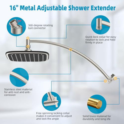 10" Rain Shower Head with 16" Metal Extension Arm, High-Pressure Showerhead | Brushed Nickel, Boosting Rainfall/Fixed Showerhead, Stainless Steel Shower Extender Adjustable Height/Angle, Easy to Install - color: Brushed Nickel, size: 16"
