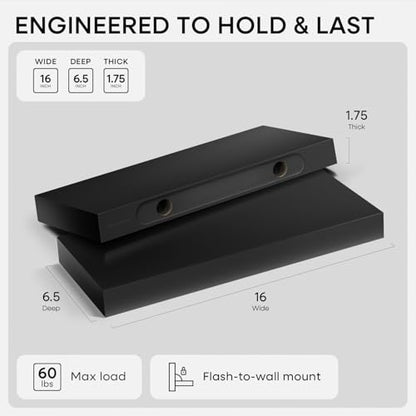 16 inch Black Floating Shelves, High End Solid Real Wood 16inch Bathroom Floating Shelves for Wall Mounted, 16in Wooden Small Floating Shelf, Heavy Duty Bracket, 16 X 6.5 X 1.75 in, Set of 2 - color: Modern Black - Rich Neutral Satin, size: 16 inch