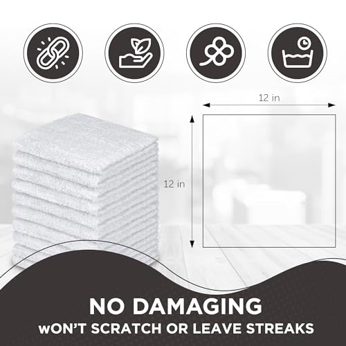 100% Cotton Washcloths 12x12 in, Absorbent, White (10 Pack)