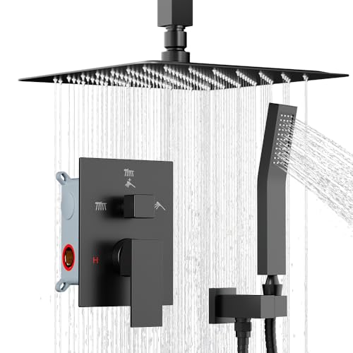 STARBATH Shower Faucet Set Shower System with Diverter Valve, Matte Black | 8" Ceiling Mount Rain Shower Head and Handheld Spray for Two Person, Shower Set with Valve and Trim Kit Complete - color: Matte Black, size: 8"-02