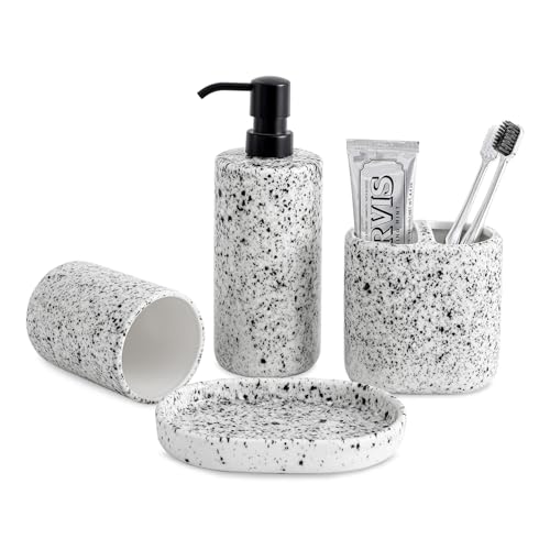 Bathroom Accessories Set 4 Pcs - Featuring Unique Ink-Splattered Design - Ceramic Bathroom Accessory Sets Contain Toothbrush Cup, Soap Dispenser, Soap Dish, Tumbler (White)