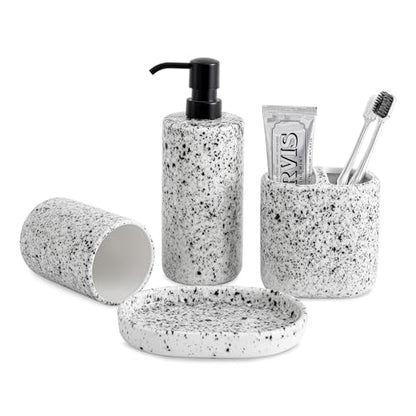 Bathroom Accessories Set 4 Pcs - Featuring Unique Ink-Splattered Design - Ceramic Bathroom Accessory Sets Contain Toothbrush Cup, Soap Dispenser, Soap Dish, Tumbler (White)