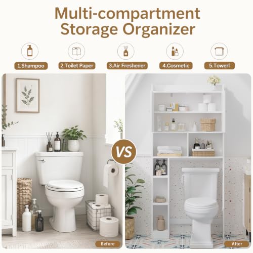Over the Toilet Storage Cabinet, 66.92”H 7-Tier Bathroom Organizer Rack | Toilet Shelf with Side Cabinet and 2 Farmhouse Barn Doors,Freestanding Space Saver for Bathroom, Laundry, White