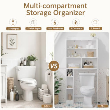 Over the Toilet Storage Cabinet, 66.92”H 7-Tier Bathroom Organizer Rack | Toilet Shelf with Side Cabinet and 2 Farmhouse Barn Doors,Freestanding Space Saver for Bathroom, Laundry, White