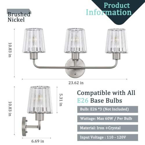 Brushed Nickel Vanity Lights 3-Light Crystal Bathroom Light Fixtures | Modern Bathroom Vanity Light E26 Wall Light over Mirror (Exclude Bulb) - color: Brushed Nickel, size: 3-Light
