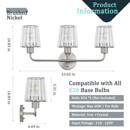 Brushed Nickel Vanity Lights 3-Light Crystal Bathroom Light Fixtures | Modern Bathroom Vanity Light E26 Wall Light over Mirror (Exclude Bulb) - color: Brushed Nickel, size: 3-Light