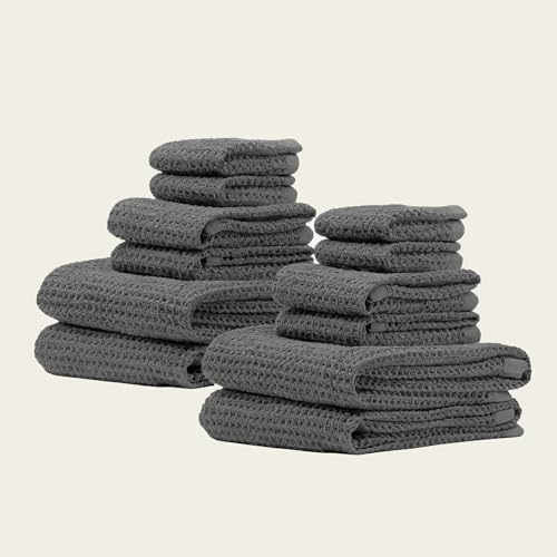 Waffle 12-Piece Family Towel Set – 4 Bath Towels, 4 Hand Towels & 4 Washcloths – Soft, Lightweight, Quick Dry 100% Cotton Waffle Weave for Bathroom & Spa (Charcoal) - color: Charcoal, style: Family 12-Piece Set