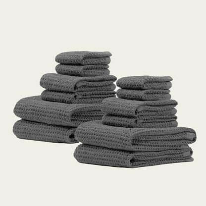 Waffle 12-Piece Family Towel Set – 4 Bath Towels, 4 Hand Towels & 4 Washcloths – Soft, Lightweight, Quick Dry 100% Cotton Waffle Weave for Bathroom & Spa (Charcoal) - color: Charcoal, style: Family 12-Piece Set