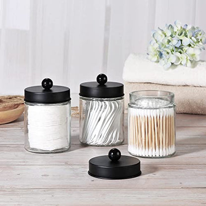 3 Pack Apothecary Jar Canisters Bathroom Vanity Organizer - Qtip Holder Storage Organizer Set Countertop Canister with Stainless Steel Lids &Cute Stickers for Qtips,Cotton Swabs,Makeup Sponges,Floss | Qtip Holder Storage Organizer Set Countertop Canister