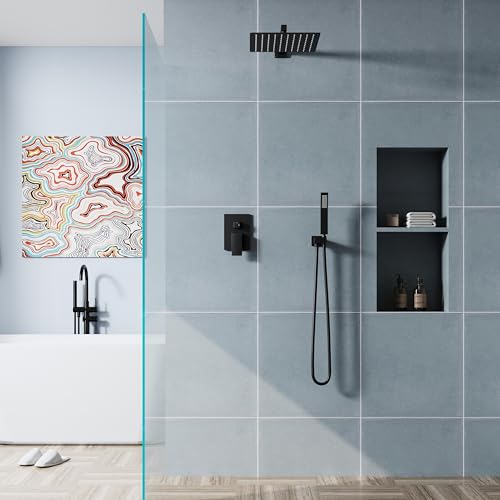 WELLFOR 12-In Wall Mounted Rain Shower Faucet with Single Handle and Handheld Spray, Waterfall Dual Head Shower Head System with 2-way Diverter, Pressure-balanced Valve Included, Matte Black - color: Matte Black, style: Wall Mount 12-Inch