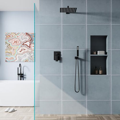 WELLFOR 12-In Wall Mounted Rain Shower Faucet with Single Handle and Handheld Spray, Waterfall Dual Head Shower Head System with 2-way Diverter, Pressure-balanced Valve Included, Matte Black - color: Matte Black, style: Wall Mount 12-Inch