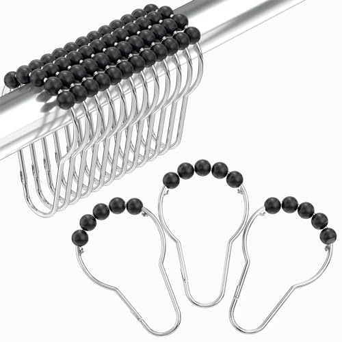 Black Shower Curtain Hooks, Decorative Rust Proof Acrylic Balls Shower Curtain Hooks, Stainless Steel Shower Hooks for Shower Curtain Bathroom Shower Hooks-Set of 12 - color: Black, style: Single Hooks