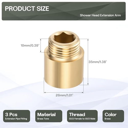 Shower Head Extension Arm, Brass G1/2 Male to Female Thread 35mm/1.38" Length Extender Pipe Fitting Nipple for Showers, Faucets, and Plumbing with PTFE Thread Seal Tape 3 Pack - size: 35mm/1.38"