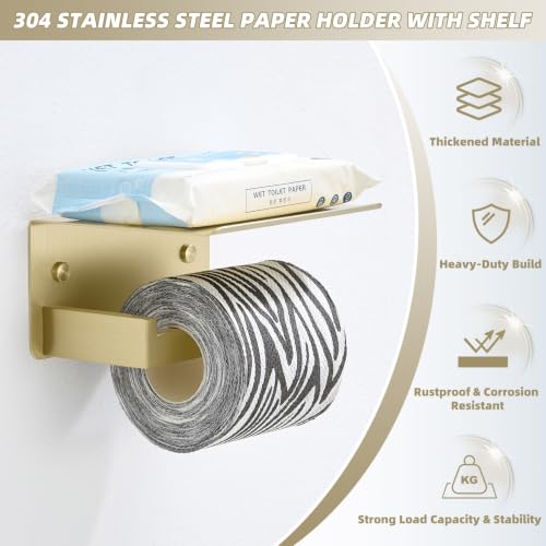 Brushed Gold Toilet Paper Holder with Shelf, 304 Stainless Steel Wall Mount Tissue Roll Holder for Bathroom - color: Brushed Gold, size: Single Rod