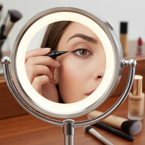 JERDON Lighted Makeup Mirror with 5X Magnification - Nickel - HL745NC | Two-Sided 1X View, 8.5" Diameter, 15.5" Tall, Halo Lighting - color: Nickel