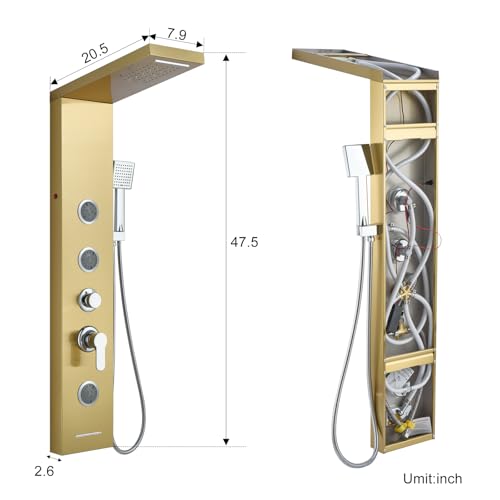 5-in-1 Shower Panel Tower System with LED Lights, 2-in-1 Body Massage, Rainfall, Waterfall,Handheld and Tub Spout, Stainless Steel Shower Column - Gold - color: Gold - 2-in-1 Body Jets