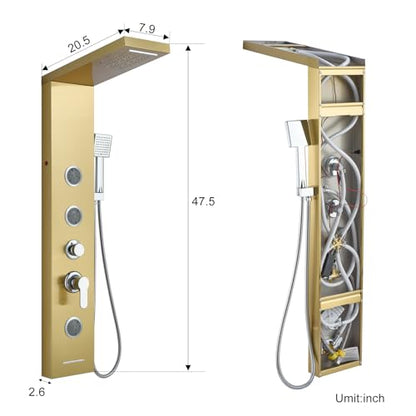 5-in-1 Shower Panel Tower System with LED Lights, 2-in-1 Body Massage, Rainfall, Waterfall,Handheld and Tub Spout, Stainless Steel Shower Column - Gold - color: Gold - 2-in-1 Body Jets
