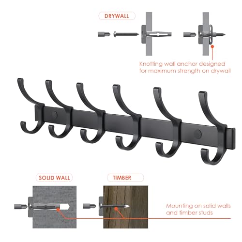 Coat Rack 2 Pack Wall Mounted - 6 Double Hooks, Matte Black, Heavy Duty, Aeropace Grade Aluminum Alloy, Metal Coat Hook Hanger Entryway Bathroom (6 Double Hooks - 2 Pack) - color: Matte Black, size: 6 Hooks - 2 Pack