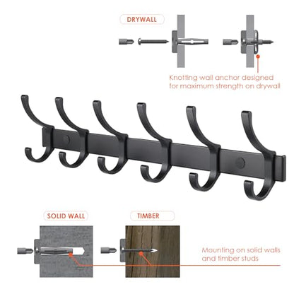 Coat Rack 2 Pack Wall Mounted - 6 Double Hooks, Matte Black, Heavy Duty, Aeropace Grade Aluminum Alloy, Metal Coat Hook Hanger Entryway Bathroom (6 Double Hooks - 2 Pack) - color: Matte Black, size: 6 Hooks - 2 Pack