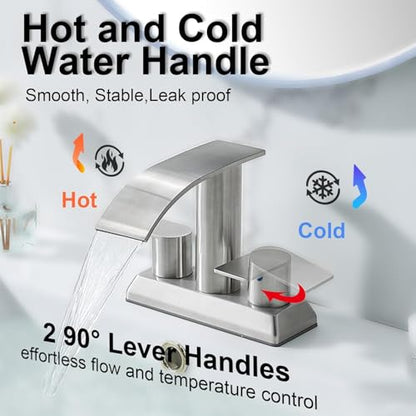 IKEBANA Brushed Nickel Waterfall Bathroom Faucet,2 Handle Stainless Steel 4 inch Bathroom Sink Faucet Modern Waterfall Spout Faucets Lead-Free Faucets with Supply Hoses and Pop-up Drain, IK-ZT2317L - color: Brushed Nickel