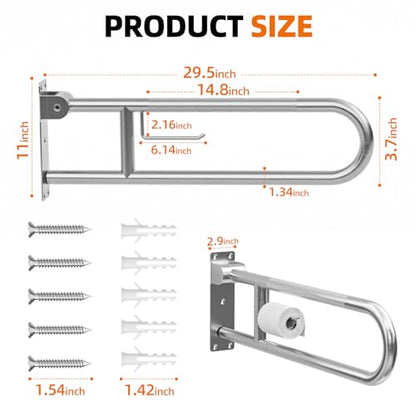 SPECILITE Heavy Duty Toilet Grab Bar 29.5 in, 440 Lbs Load Capacity | Anti-Slip Flip up Handicap Safety Rails for Shower, Wall Mount Support Handrails for Elderly, Disabled, Pregnant