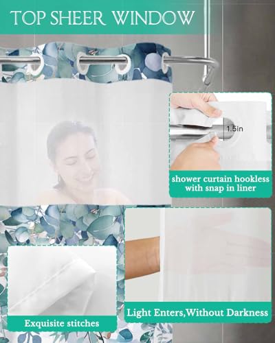 No Hook Shower Curtain and Snap in Liner Set, Blue Green Eucalyptus Fabric Bathroom Stall Shower Curtains 48x72, See Through Mesh Top Window, Spring Summer Botanical Floral Leaves Country Hotel Style - color: Blue Green, size: 48"W x 72"L (Pack of 1)