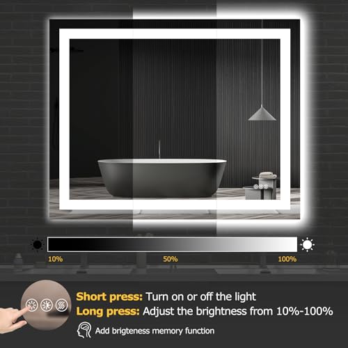 Hivone 40"X32" LED Bathroom Mirror with Lights, Anti-Fog, Dimmable, Backlit + Front Lit, Smart Bathroom Vanity Mirror, Memory Function, Shatterproof, Tempered Glass (Horizontal/Vertical) - size: 32"L x 40"W