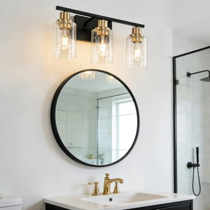 3 Light Bathroom Wall Light Fixture Vanity Wall Lights Over Mirror | Wall Sconce Lighting with Clear Glass Shades, Modern Wall Lights Wall Lamp for Mirror, Hallway Kitchen Bedroom Cabinet - color: Black Gold