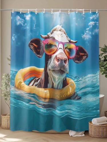 Waterproof Fabric Shower Curtain Cow Swimming in The Sea Shower Curtains for Bathroom, Quick-Drying, Machine Washable 36x72 Inch - color: Teal Blue, size: 36"W x 72"L (Pack of 1)