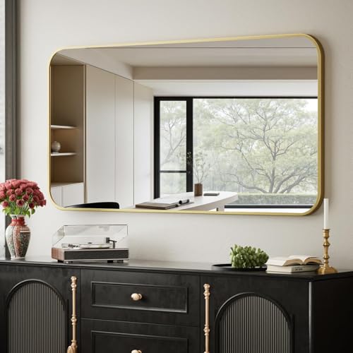 BEAUTYPEAK 26" x 38" Rectangular Aluminum Alloy Frame Wall Mounted Bathroom Mirror with Rounded Corners, Gold | Aluminum Alloy Frame with Rounded Corners - color: Gold, size: 38"L x 26"W