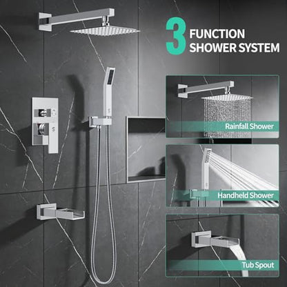 SR SUN RISE 8 Inch All Metal Square Shower System with Tub Spout, Tub Shower Faucet Set, High Pressure Rain Shower Head and Handheld Sprayer Shower Fixtues, Valve Included, Polished Chrome - color: Polished Chrome, size: 8 Inch