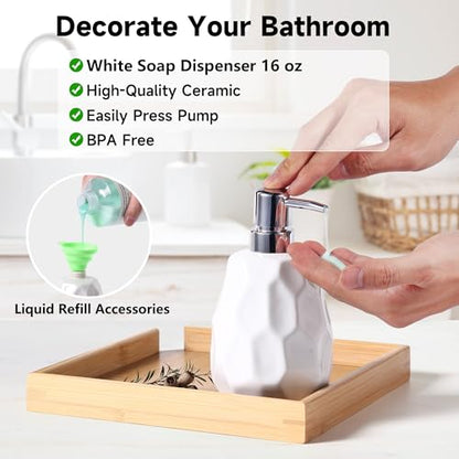 Ceramic Bathroom Accessories Set 4 PCS,Include 16 oz Soap Dispenser,Toothbrush Holder,Tumbler,Soap Dish,Textured Bathroom Counter Set (White) - color: White Ceramic 4 Pcs