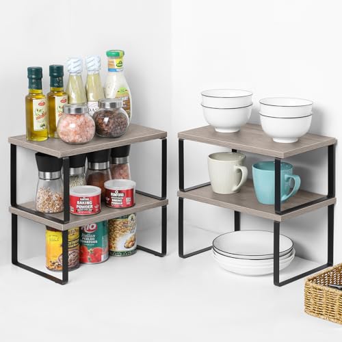 NEX Kitchen Cabinet and Counter Shelf Organizer, Shelf Riser for Pantry Countertop Cupboard Desk Top, Stackable & Expandable, Set of 4, Black and Greige | Stackable & Expandable Spice Rack, Space-Saving Pantry Organizers Bathroom Countertop Storage, Black