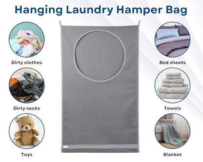 Hanging Laundry Hamper Bag, 29.1x19.3 Inch Over Door Laundry Hamper for Bathroom Bedroom Clothes Storage Organizer Gray