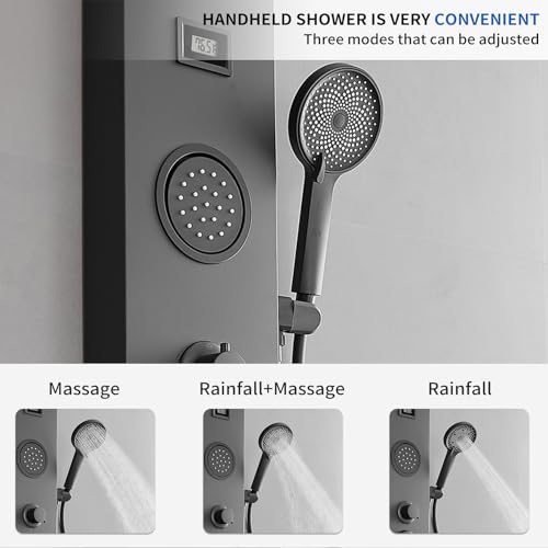 Shower Panel Shower Tower System, 9 Inch Rainfall Shower Head Round, Stainless Steel with Massage Body Jets Adjustable, Temperature Display, Stand Shower Column Wall Mount, Black