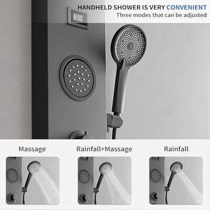 Shower Panel Shower Tower System, 9 Inch Rainfall Shower Head Round, Stainless Steel with Massage Body Jets Adjustable, Temperature Display, Stand Shower Column Wall Mount, Black