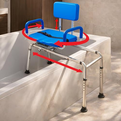 Carousel Sliding Shower Chair Tub Transfer Bench with Swivel Seat, Bariatric, Premium Padded with Pivoting Arms, High Capacity, Heavy Duty for Tubs, Inside Shower, for Handicap & Seniors, Blue | Slide Safely In & Out of the Tub - Blue, padded seat, padded