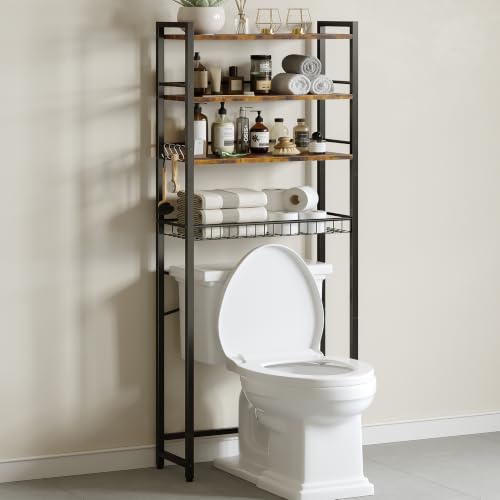 Over The Toilet Storage Shelf, 4-Tier Bathroom Organizer with Basket & Hooks, Sturdy Space Saver for Small Bathrooms, Rustic Brown & Black - color: Brown