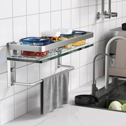 Bathroom Wall Shelf with Towel Bar, Clear Tempered Glass, Hand Towel Holder (Matte Silver) - color: Silver, size: Shelf with Towel Bar