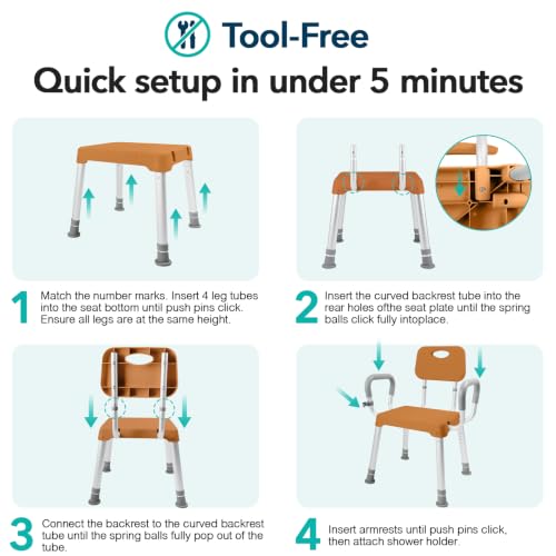 HOMENURSE Shower Chair for Inside Shower, 400 lbs, Wider Seat, Lightweight | 9-Level Height Adjustment, 2.55" Wider Suction Cups, Non-Slip, Tool-Free Conversion, for Seniors Disabled and Recovery - color: Brown