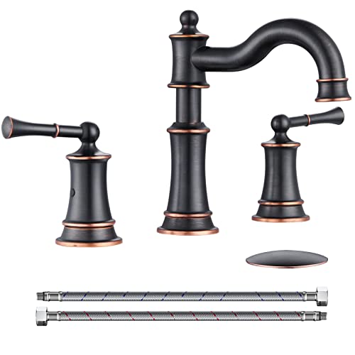 Roman Bathroom Sink Faucet Deck Mount or Wall Mount Installation Pop-up Drain Assembly with Overflow Deck Plate and Water Supply Lines Included (3 Hole Deck Mount, ORB) - color: ORB, style: 3 Hole Deck Mount