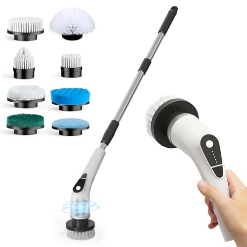 Electric Spin Scrubber, 5-Speed Power Spin Cleaner with 8 Replaceable Brush Heads, IPX7 Waterproof, Adjustable Extension Handle, Large Battery for Bathroom, Shower, Tile, and Floor Cleaning