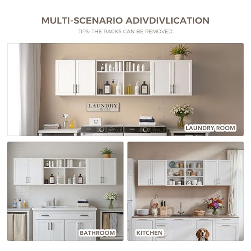 Furnaza 78.6" W Wall Cabinets for Laundry Room with Adjustable Shelf | White Upper Kitchen Wall Mounted Cabinets With Two Shaker Doors for Bathroom,Garage,12"D x 22"H,Floating Hanging Storage - size: 78.6"W