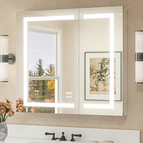 TETOTE 36 x 32 LED Lighted Bathroom Medicine Cabinet with Lights, 2 Door Recessed or Surface Mount Led Mirrored Medicine Cabinet, Tempered Glass, Outlets & USB, Adjustable Shelf, 3-Color Lights - size: 36x32