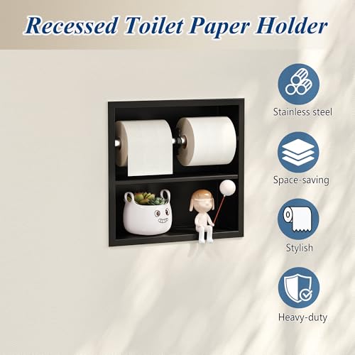 Neodrain Black Recessed Toilet Paper Holder,Double Layer Wet Tissue Holder | Space-Saving Wall Niche Cabinet Storage, Rustproof & Durable,For Bathroom, Kitchen & Vanity - color: Matte Black