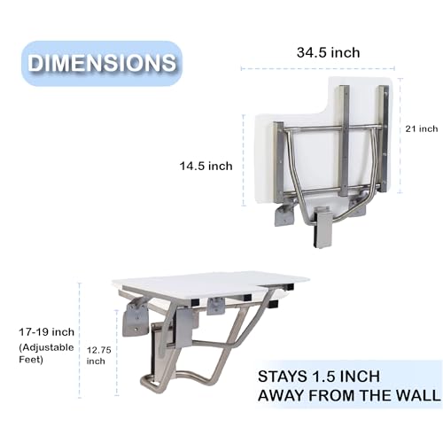 Folding Shower Chair For Elderly And Disabled | ADA Folding Shower Seat Wall Mounted holds up to 600 lbs | High Density Polymer Shower Chair For Inside Shower 304 Stainless Steel | 34.5"x21” Left Hand - size: 34.5 Left